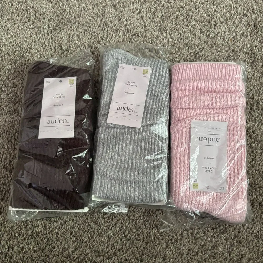 Auden Slouch Crew Socks Set of 3 Pink Gray Brown Super Soft Women's Size 4-10